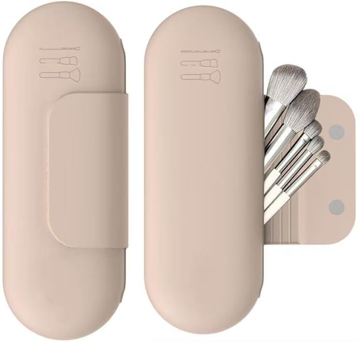 Silicone Makeup Brush Holder Travel Cosmetic Bag,Travel Make up Brush Holder,Anti-Fall Out Magnetic Closure,Essentials for Women (Khaki)