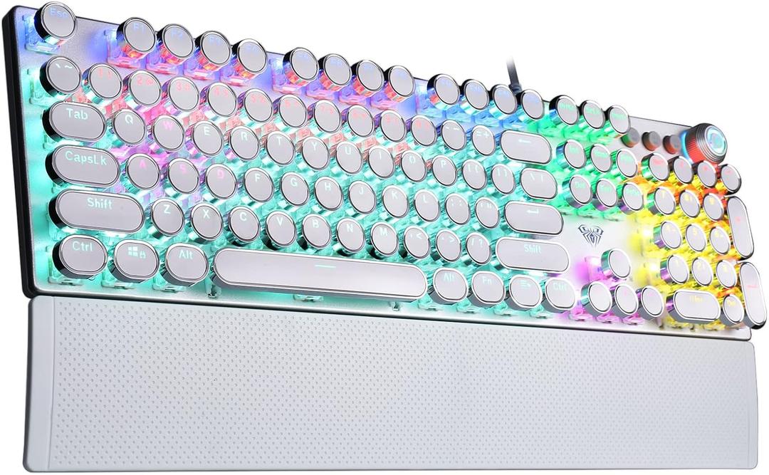 AULA F2088 Typewriter Mechanical Keyboard, White Retro Wired Gaming Keyboard with Blue Switches, Rainbow Backlit, Round Keycaps, Media Knob & Removable Wrist Rest