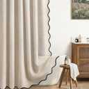 Linen Shower Curtain Beige Cute Black Scalloped Boho Modern Shower Curtains for Bathroom Set, 72" W x 72" L