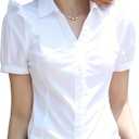 SUNNOW Women's V-Neck Button Down Blouse White Short Sleeve Shirt for Professional & Casual Summer Attire (White, XL)