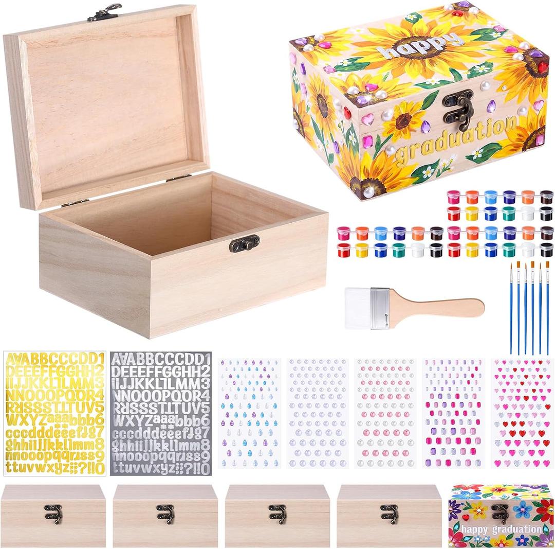 Fiwochic 6 Sets 2026 Senior Boxes Unfinished Wooden Boxes for Graduation Crafts DIY Graduation Memory Keepsake Box 6.7"x5.1"x3.1" with Paints Brushes Gem Letter & Number Decals for Class of 2026 Gifts