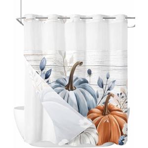 Fall Thanksgiving No Hook Shower Curtain with Snap in Liner, Farm Autumn Pumpkins Curtain See-Through Top Double Layers Fabric Shower Curtains Country Plant on Wood Board for Bathroom Decor, 72x72in (Grey Orange Blue)