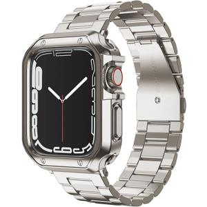 Designed for Apple Watch Band and Case, Stainless Steel Metal Chain with TPU Cover, Smart-Watch Link Bracelet Strap, Wrist-Band for i-Watch Series 9 8 7 6 5 4 3 2 1 SE, 45mm 44mm 42mm, Starlight