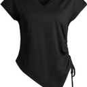 Remidoo Women's Side Drawstring Asymmetrical Hem T Shirt Short Sleeve V Neck Workout Tops (Large, Black)