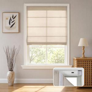 Joydeco No Drill Roman Shades, Light Filtering, 30" W x 72" H, Beige