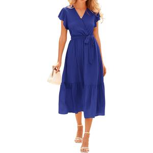 BTFBM Women Summer Bohemian Floral Casual Wrap V Neck Ruffle Cap Sleeveless Belt A-Line Pleated Hem Midi Sun Dress White (Royal Blue, L)