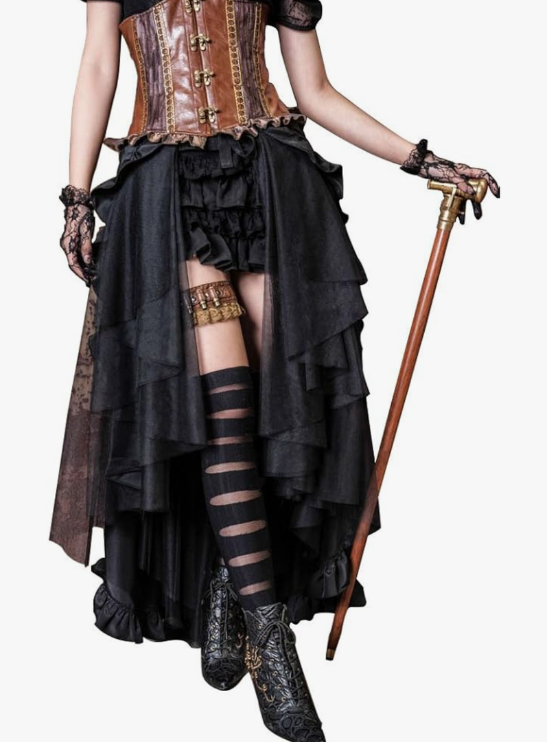 HaoLin Steampunk Retro Victorian Punk Cincher Lace up Long Ruffle Pencil Skirt Black