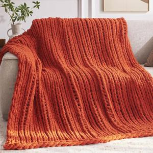 Chunky Knit Throw Blanket, 30''x40'' Fall Throw Blanket Knitted Chenille Yarn for Bed Couch, Handmade Orange Crochet Big Thick Blanket, Machine Washable Cute Comfy Blankets for Home Decor