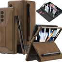 DEMCERT for Samsung Galaxy Z Fold 4 5G with S Pen Slot,Military Armor Cases Full Body Protective Anti-Scratch Hard Slim Leather Bracket Case with Screen Protector for Galaxy Z Fold 4 5G (Brown)