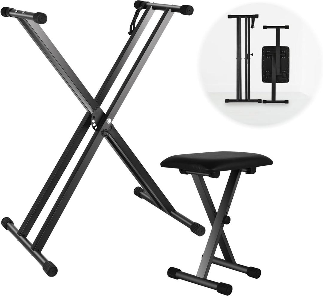 Keyboard Stand and Bench Set, Heavy Duty Double-X Keyboard Stand, Adjustable Digital Piano Stand with Lockable Straps (Piano Keyboard Stand x 1, Piano Bench x 1)