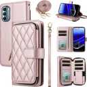 Argyle Wallet Case for Motorola Moto G31/G41 with Wrist Strap Shoulder Strap 9+ Card Slot Zipper Purse Luxury PU Leather Stand Checkered Cell Phone Cover for MotoG31 MotoG41 G 31 41 Rose Gold