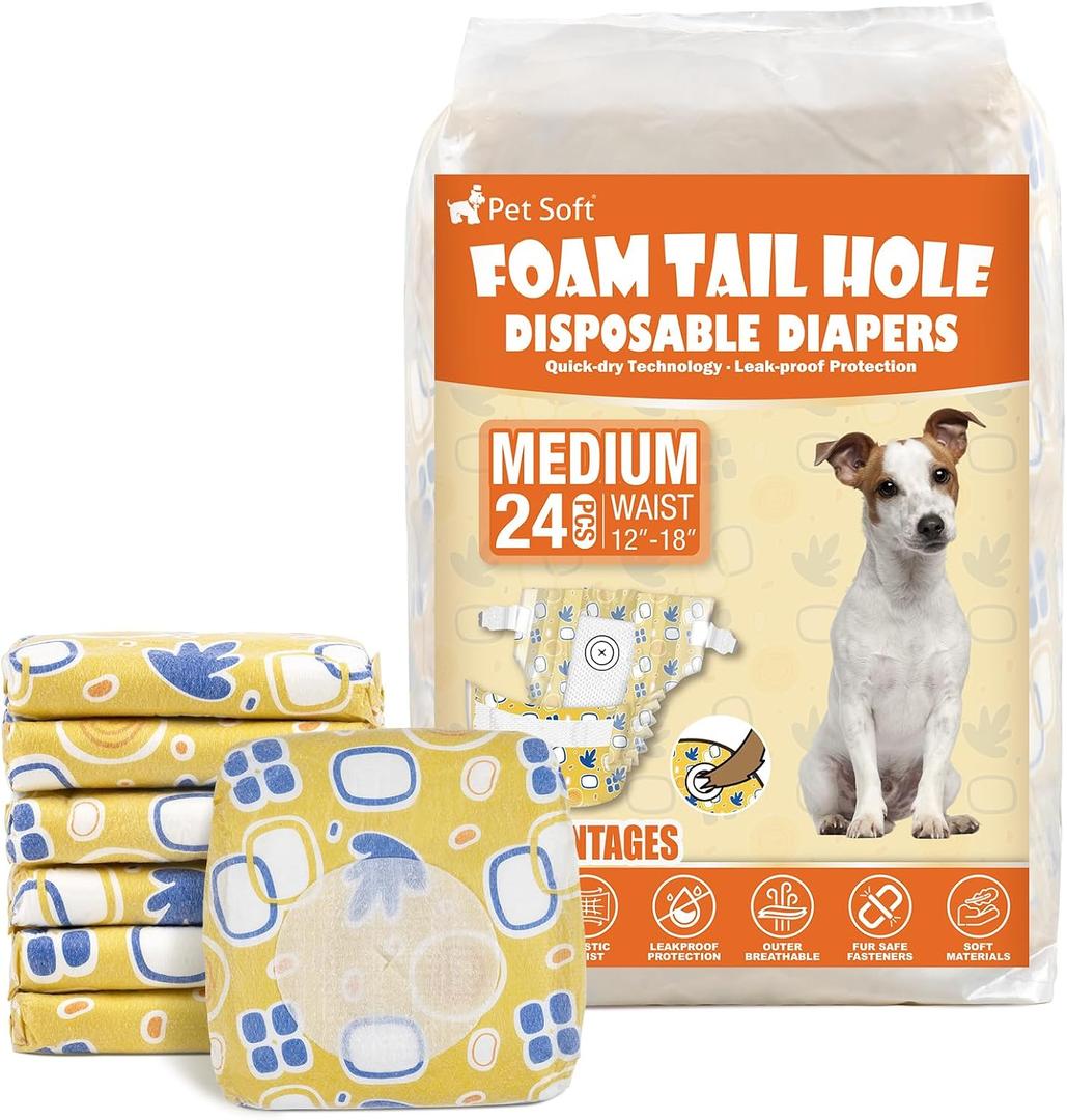 Pet Soft Female Dog Diapers - Disposable Dog Diapers with Adjustable Foam Tail Hole, Cat & Puppy Diaper for Dogs in Heat or Incontinence, Medium (24Pcs, Yellow)