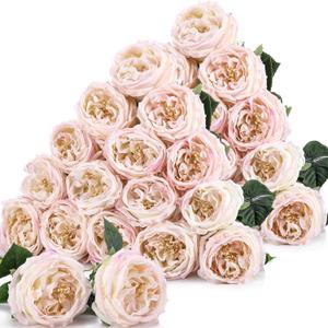Giegxin 20 Pcs Real to Lifelike Peonies Austin Roses Artificial Flowers, Faux Look Real Long Stems Fake Flower with Big Blooms for Christmas Valentines Wedding DIY Arrangement Home Decor (Light Pink)