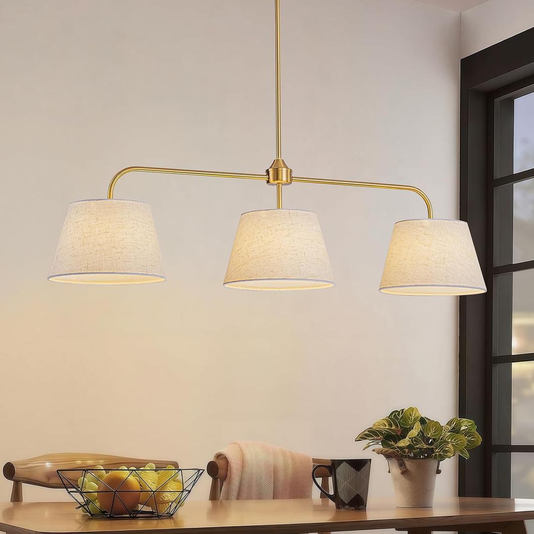 40" Linear Chandeliers with Linen Drum Shades, 3-Light Antique Brass Kitchen Island Lighting, Gold Linear Light Fixture for Kitchen Restaurant Over Table