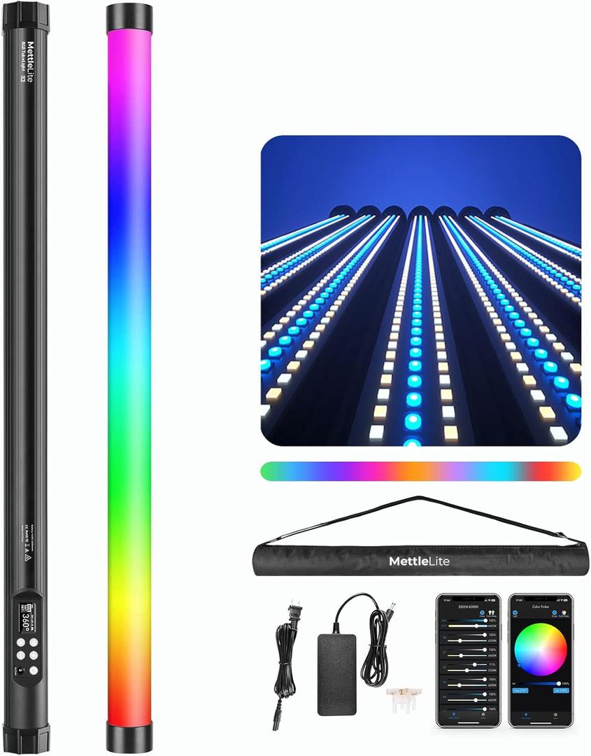 Mettlelite TLX2 RGB Tube Light LED Full Color Portable Video Light with APP DMX Control 2 ft 2800K-8000K CRI96 TLCI97 360 RGB CCT HSI Mode 10 Customizable Light Effects Built in Rechargeable Battery