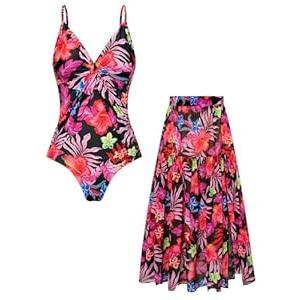 GRACE KARIN One Piece Swimsuits for Women with Cover Up Skirt Tummy Control V Neck Bathing Suits (X-Large, Black Red Floral)