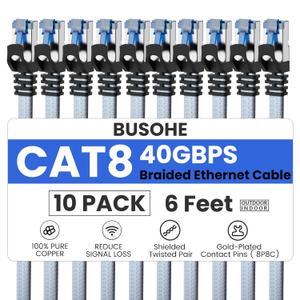BUSOHE Cat 8 Ethernet Cable 6 FT 10 Pack, Nylon Braided High Speed Heavy Duty Network LAN Patch Cord, 40Gbps 2000Mhz SFTP Shielded RJ45 Flat Internet Cable for TV/PC/Router, in Wall, Indoor, Outdoor