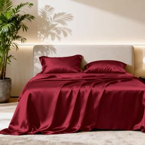Love's cabin Satin Queen Sheets Set - 4 Piece Burgundy Silky Bed Sheets with Deep Pocket, Luxury Silk Feel Satin Queen Size Sheet Set (1 Flat Sheet,1 Fitted Sheet,2 Pillow Cases)