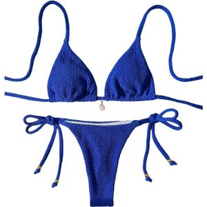 SHENHE Women's Sexy Brazilian Thong Bikini Set Halter Triangle Side Tie String 2 Piece Swimsuits (Blue, Small)