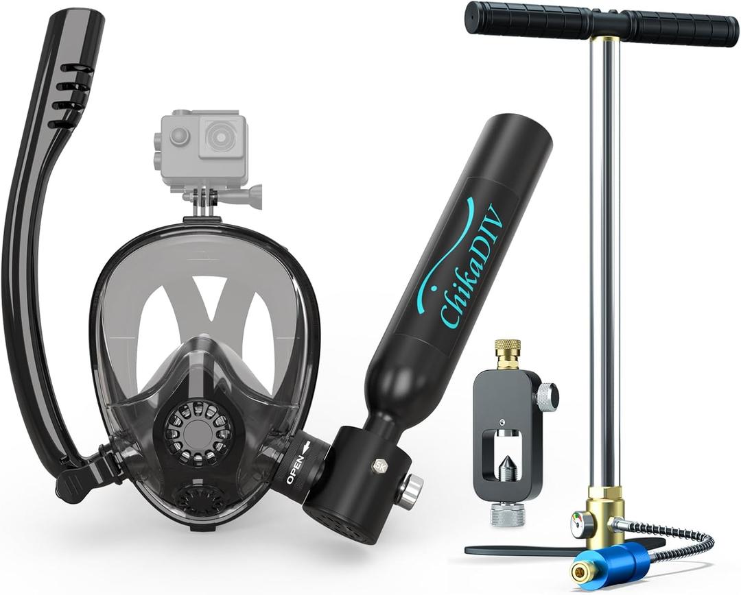 CHIKADIV Mini Scuba Tank with Sub-Mask, 0.5L Scuba Tank with Snorkel Mask Lung with Full-face Mask Underwater Breathing Mask E Black