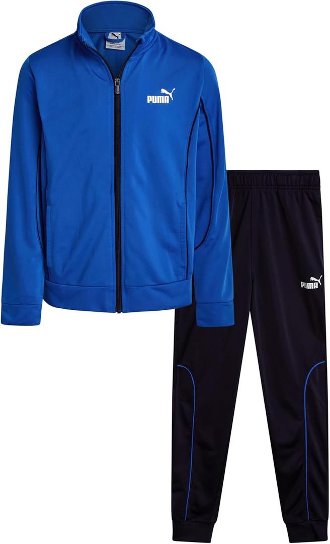 PUMA Boys Pants Set - 2 Piece Tricot Athletic Zip Up Jacket Sweatshirt and Active Jogger Pants - Boys Activewear Set (8-16) (Blue/Navy Blue)