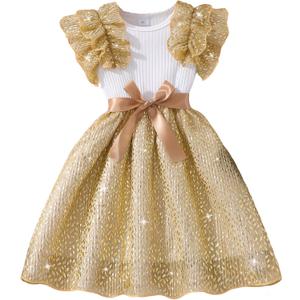 Girls Butterfly Birthday Dress Rainbow Tutu Sparkle Sequin Tulle Doubble Sleeve Ruffle Bowknot Dresses (White, S) 5-6Y