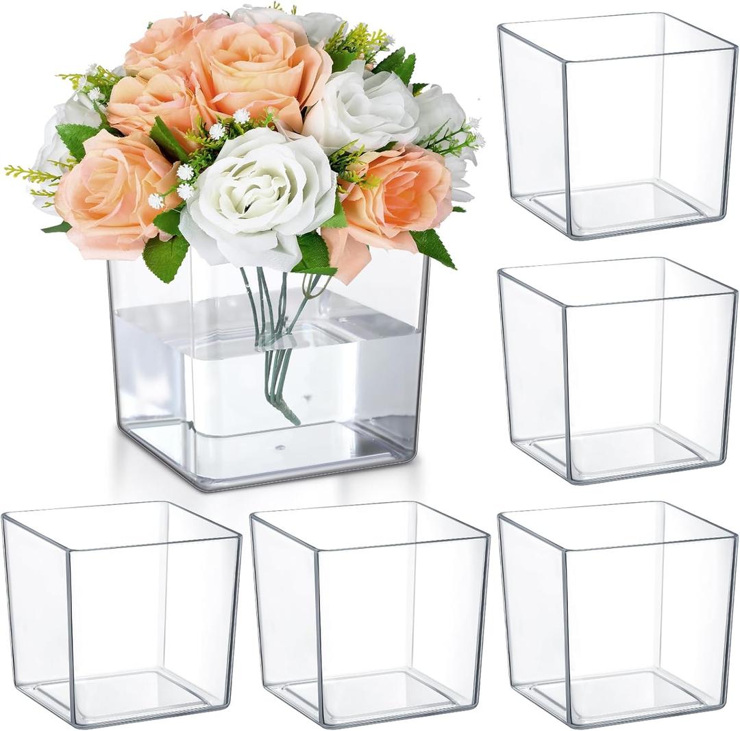 Tioncy 6 Pieces 6" x 6" Acrylic Square Vases for Centerpieces Clear Plastic Vase Cube Flower Vase Bulk for Wedding Centerpieces Home Office Floral Plant Succulent Pots Planters