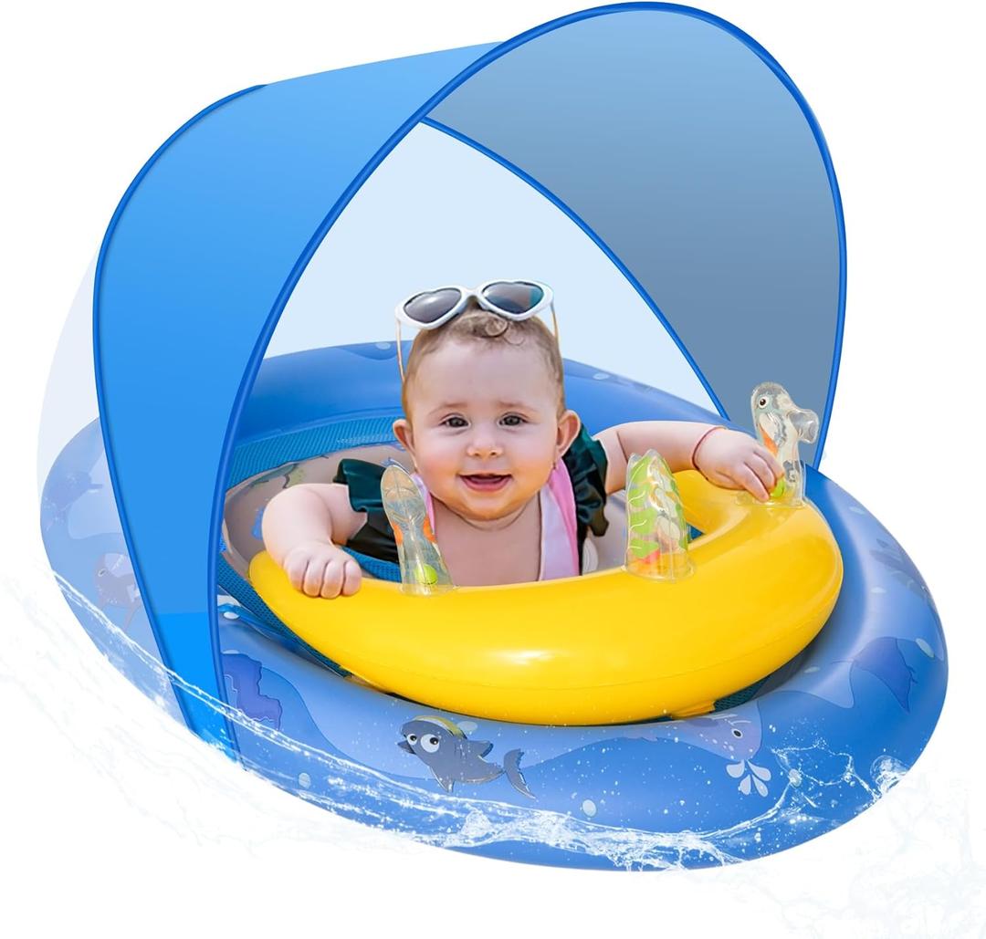 HYRIXDIRECT Baby Pool Float with Canopy Removable 6-36 Months Babies UPF 50+ UV Protection Pool Floats Kids with Swimming Pool Toys and Safety Seat for Beach, Swimming