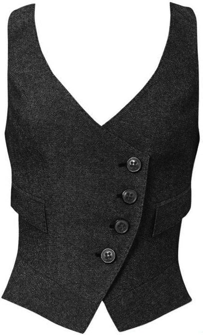 Women's Suit Vest Herringbone Tweed Work Wear Slim Fit Waistcoat Lady Sleeveless Jacket (Medium-Large, Black)