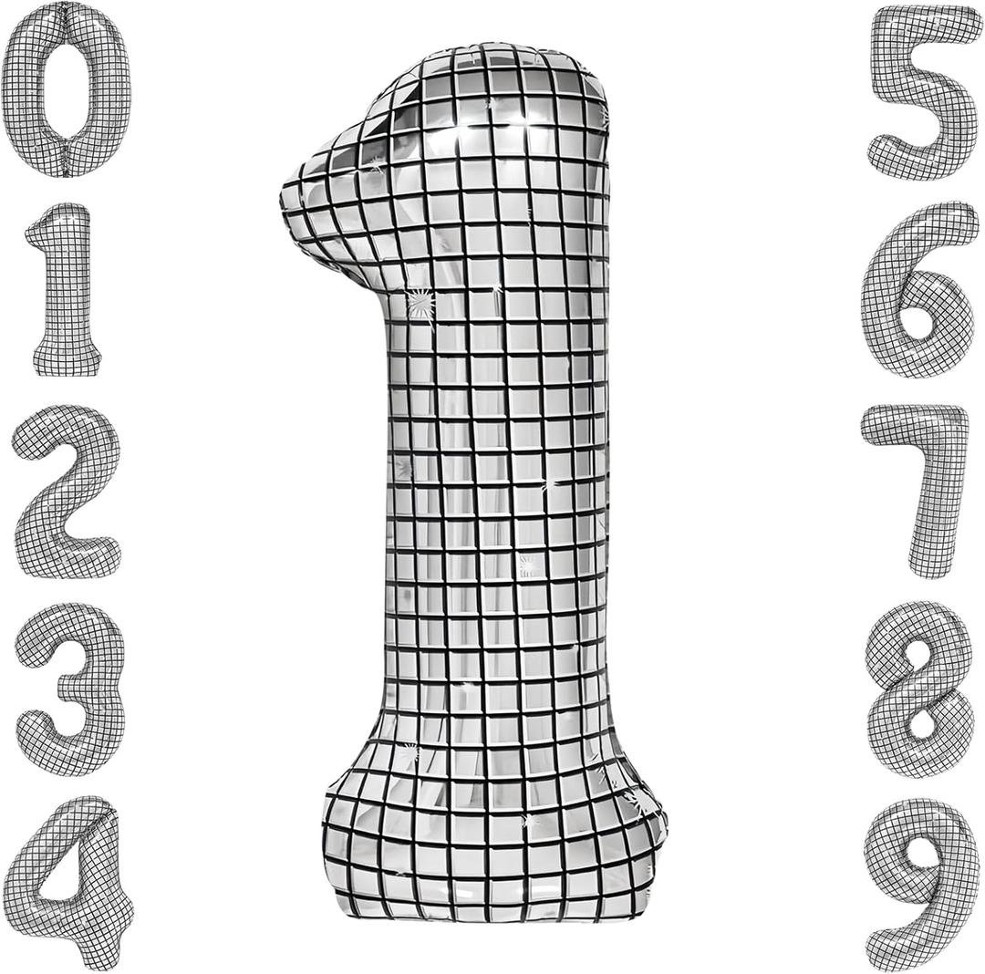 40 Inch Large Silver Disco Ball Print Number Balloon for New Year's Eve, 70s Birthday Party Supplies, Disco Party Decorations Number 1