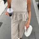 Womens Gingham 2 Piece Set Sleeveless Ruffle Tank Wide Leg Pants (Beige, M)