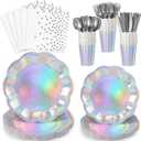 175 Pcs Iridescent Plates and Napkins Set, 25 Guest Iridescent Party Supplies Include Scalloped Plate Napkin Cup Forks Knives Disposable Plastic Cutlery for Birthda Bridal Wedding Disco