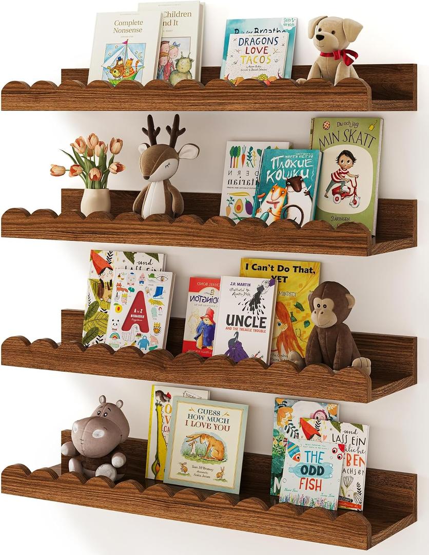 Shario Nursery Book Shelves, 4-Pack White Floating Shelves for Wall Kids, Scalloped Shelves, Wall Book Shelves for Bedroom Kids, Toddler Room, Baby Room, Nursery Decor
