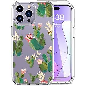 LUHOURI for iPhone 15 Pro Case with Screen Protector - Crystal Acrylic Clear - Fashionable Pattern Design - Wireless Charging - Slim Fit Protective Phone Cover for Women Girls, Cactus in Flower