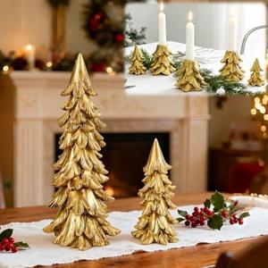 Christmas Table Decorations, Vintage Xmas Golden Resin Tree Candle Holders Set, Combined into Golden Tabletop Pine Tree for Holiday Wedding Party Mantle Fireplace Dining Room Centerpieces