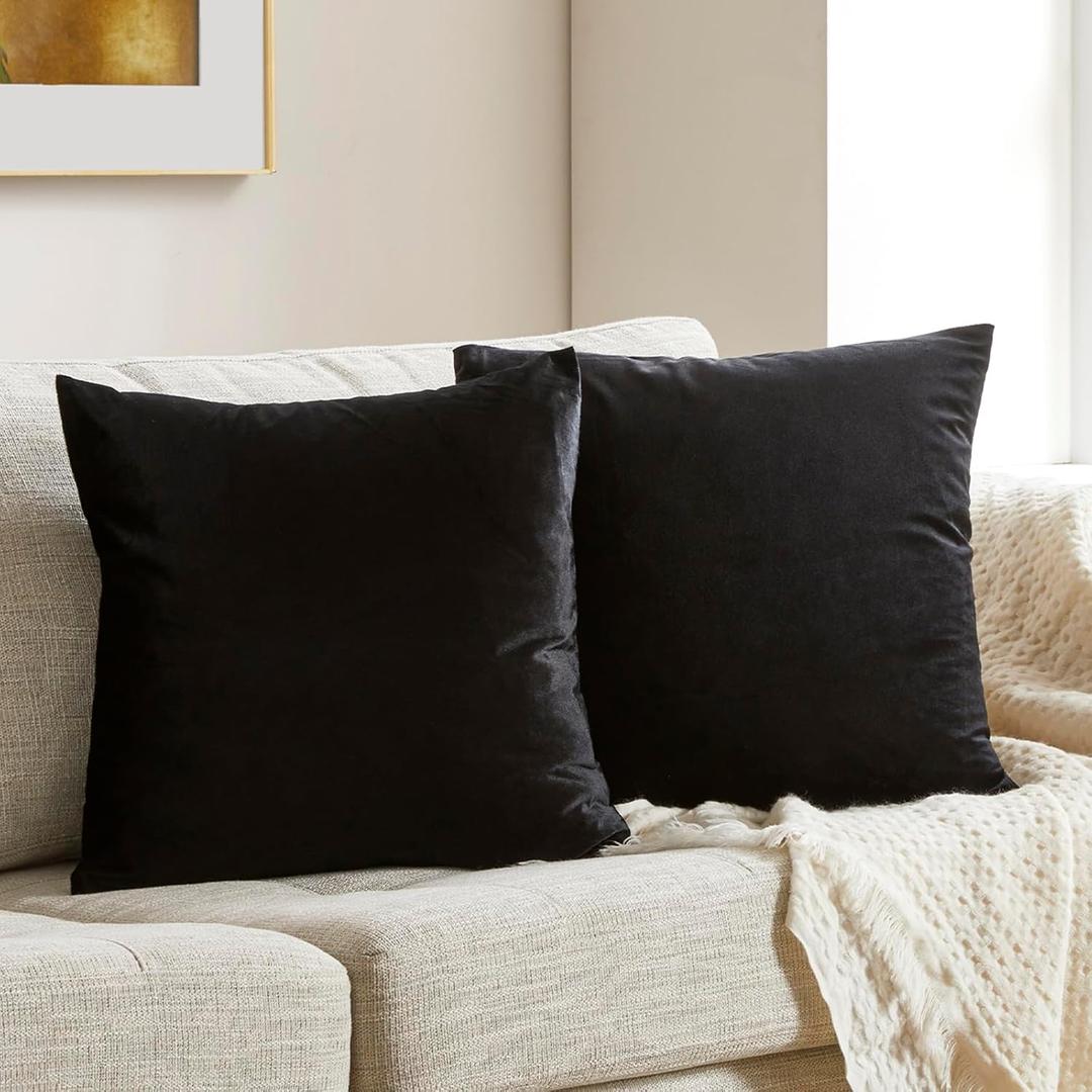 GIGIZAZA Black Velvet Pillow Covers 16x16,Decorative Square Throw Pillows Modern Covers Small Solid Living Room Pillow Cases for Couch Pack of 2