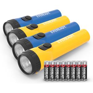 Eveready LED Flashlight Bright Reliable Flashlights for General Purpose, Great for Camping, Car, Emergency Storm Power Outage Handheld Flashlight (Batteries Included) (4 Pack, Yellow / Blue)