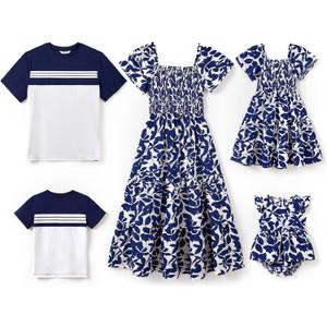 PATPAT Family Matching Outfits Boho Floral Print Square Neck Puff Sleeve Smocked Dress and Short Sleeve T-Shirts Matching Set (Small, Deep Blue)