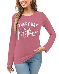 NEWKA Mama Shirt for Women Mothers Day Long Sleeve Shirts Every Day I'm Motherin Tee Tops Pink, Size XL