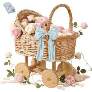 Woven rattan baby stroller baskets, vintage rattan flower cart, wedding and gift decorations, pushcart-style decorative flower stands, Size: Mini, 7.28"D x 9.84"W x 12.6"H