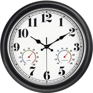 45MinST 13-Inch Vintage Outdoor Wall Clock with Thermometer and Hygrometer, Waterproof, Large Numbers, Silent, for Indoor and Outside Use,Porch,Garden,Pool(Black Frame with Silver Trim)