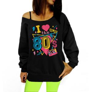 MNLYBABY 80s Outfit Women 80s 90s Theme Party Disco Shirt Off The Shoulder Sweatshirt Vintage 80s Neon I Love The 80's Top S