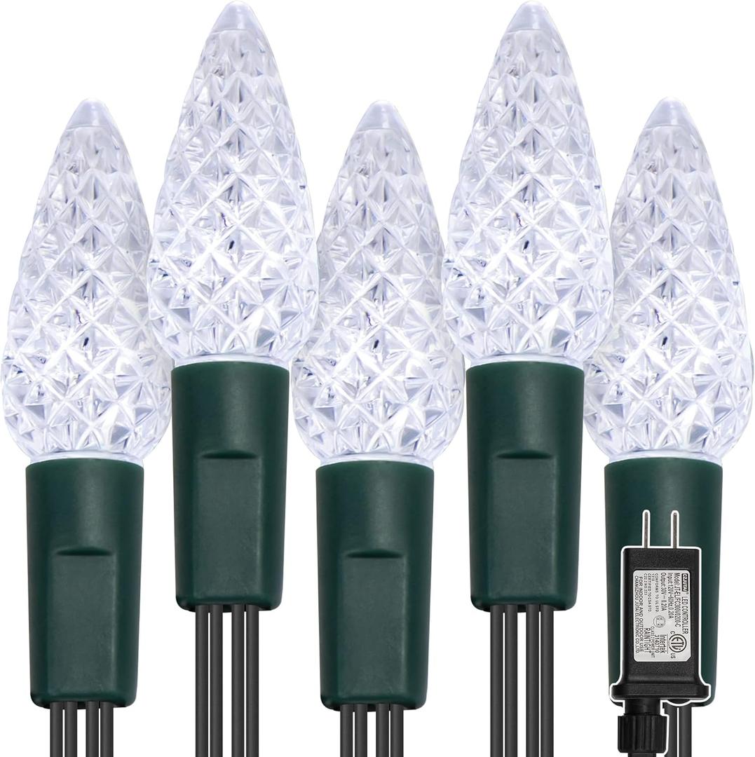 WATERGLIDE C6 Christmas Lights, 33ft 100 LED Faceted String Lights Green Wire Fairy Lights with 29V Safe Adaptor, 8 Lighting Mode, Waterproof for Indoor Outdoor Patio Xmas Tree Party Decor, Cool White