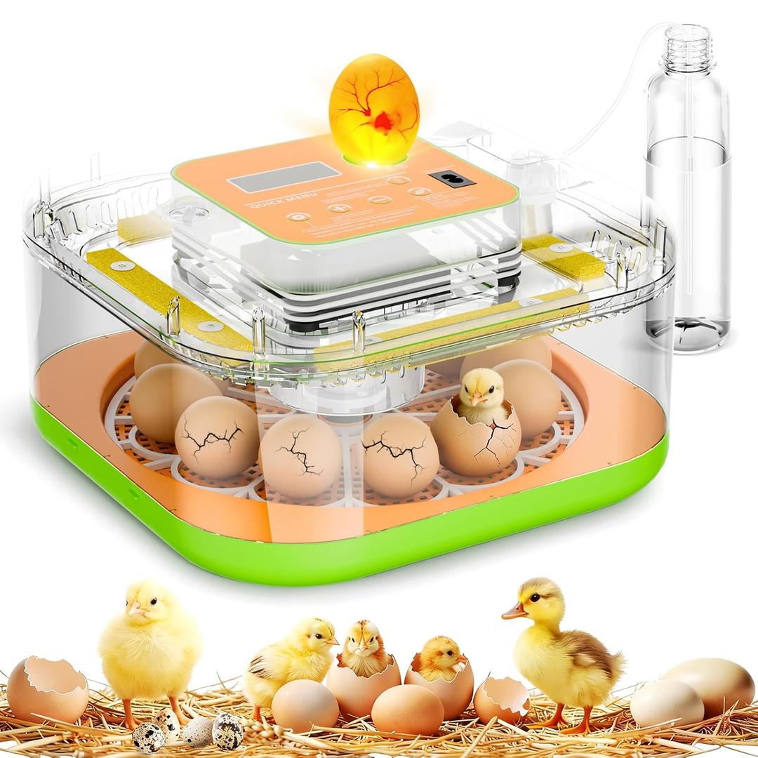 Incubator for Hatching Eggs, Temperature and Humidity Control, Automatic and Adjustable Egg Turning & Incubation Day, Built-in Egg Candler, 12 Egg Incubator for Hatching Chicken, Duck, Turkey, Bird