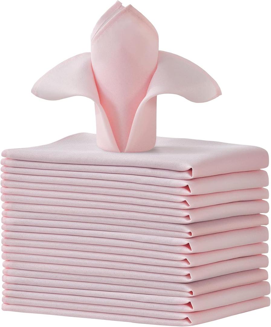 Light Pink Cloth Napkins Set of 12 17x17 Inches for Weddings & Dinner | Washable & Reusable, Soft Anti-Wrinkle Polyester, Hemmed Edges, Machine Washable, for Parties, Restaurant, Daily Dining
