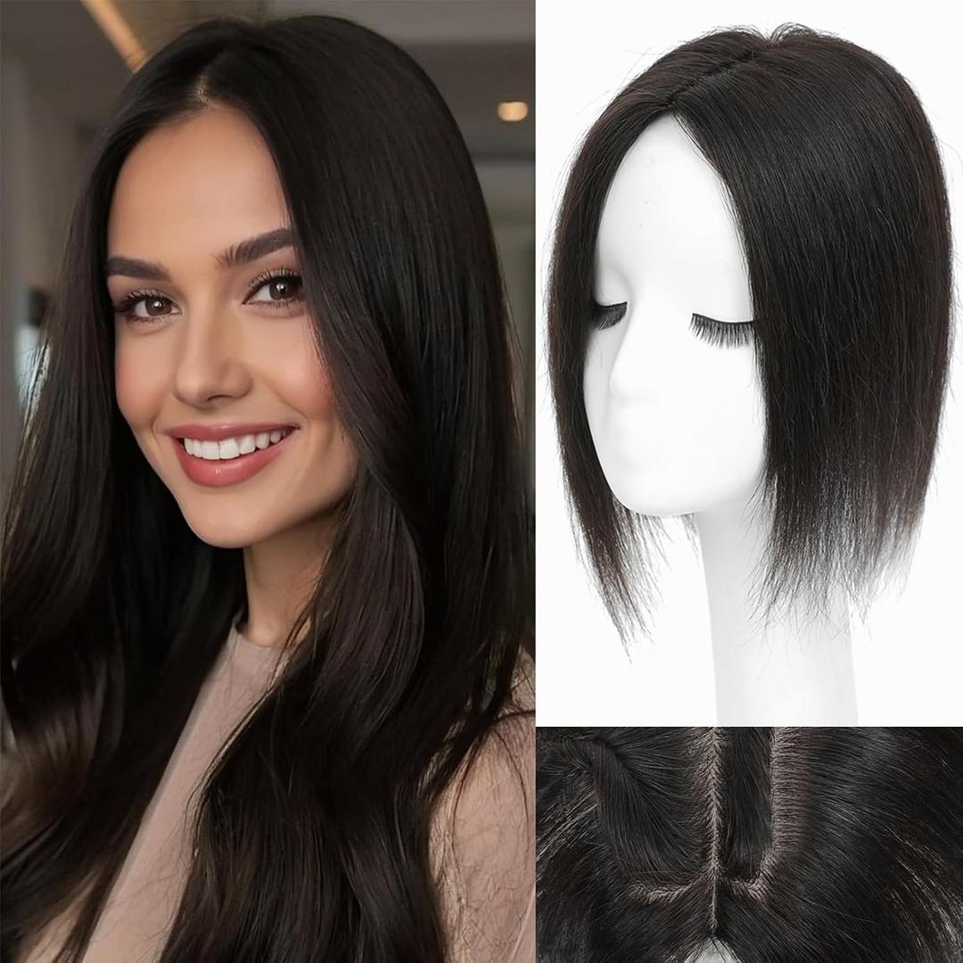 Hair Toppers for Women Real Human Hair, 12 Inch 360 3D Upgrade Middle Part Toppers for Women with Thinning Hair (12 Inch-Natural Black)
