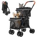 Double Pet Stroller for Dogs and Cats, One-Hand Folding Dog Stroller Travel Carriage for Small Medium Dogs Cats, 4 Wheels, Black