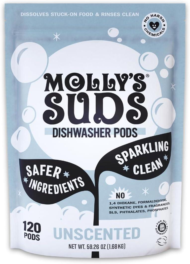 Molly's Suds Dishwasher Pods | Clean Dishwasher Detergent, Cuts Grease & Rinses Clean (Residue-Free) for Sparkling Dishes | 120 Auto-Release Tabs (Unscented)