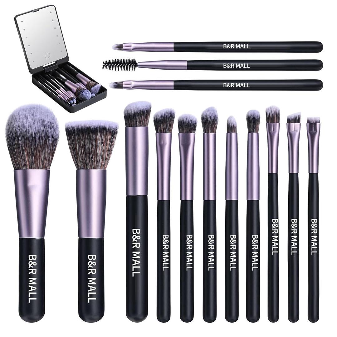 B&R MALL Makeup Brush Set with LED Mirror – Supper soft Brushes for Flawless Foundation, Concealer, Eyeshadow & More | Lightweight, Versatile, Perfect for On-the-Go Touch-Ups (Purple Black)