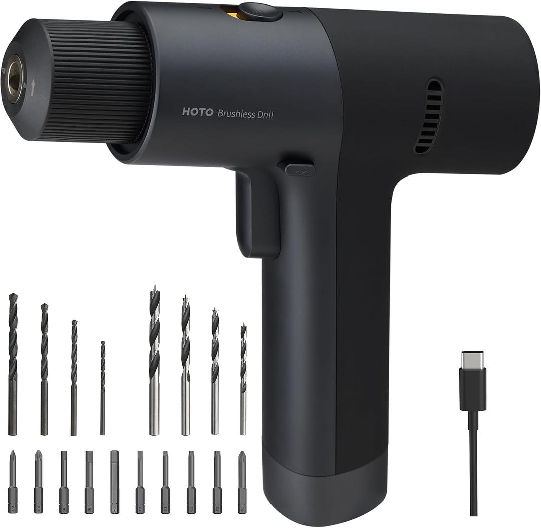 HOTO Cordless Brushless Drill 12V, LED Display Screen, 30 Precision Gears, 2 Working Modes, 2000mAh Battery, 266 In-lbs (30Nm) Torque, 3/8 Inch Keyless Chuck, 1400RPM, 10 x Bits, 8 x Drill Bits